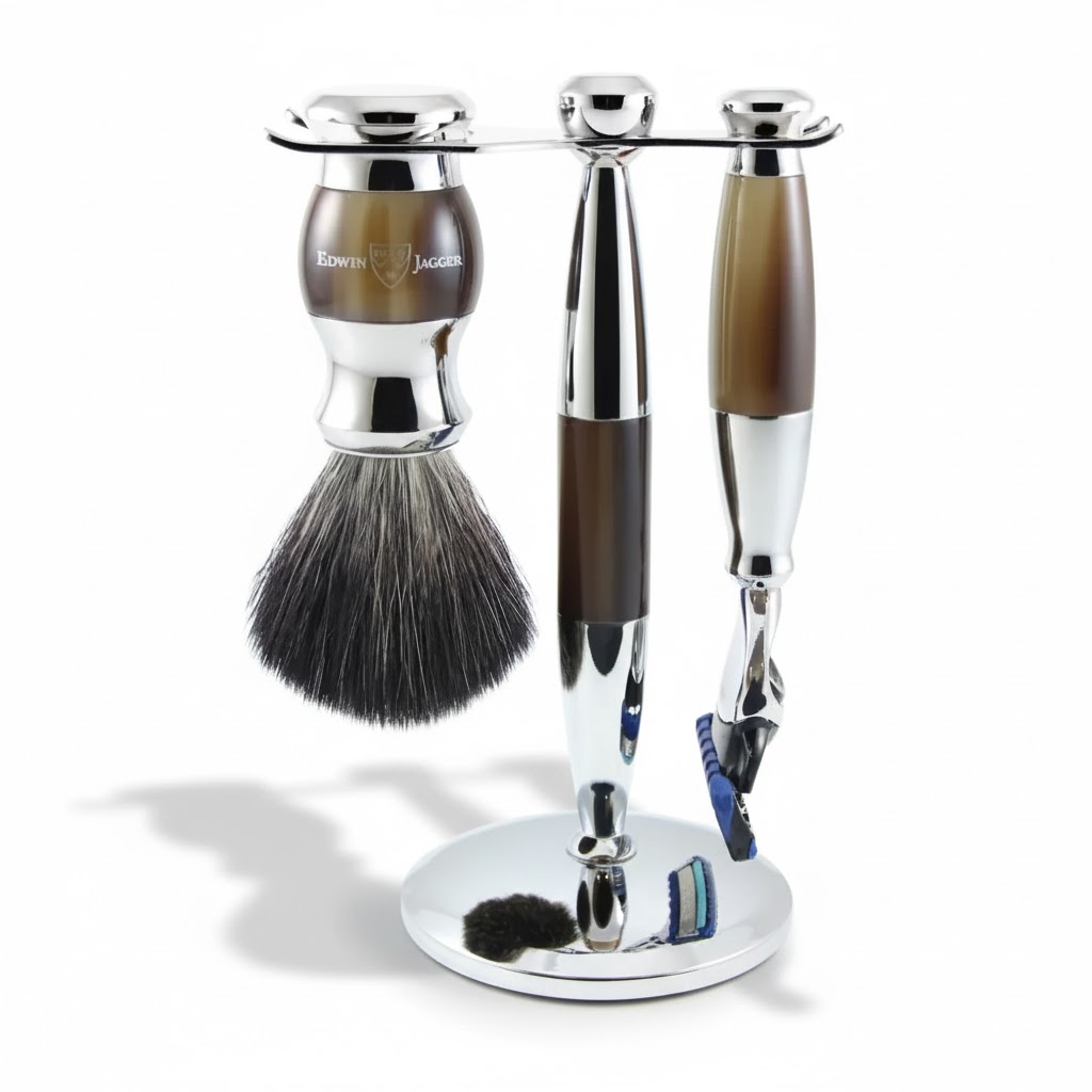 Shaving Accessories - Edwin Jagger 36 Range Set Of 3 Fusion Razor, Brush & Holder Light Horn/Chrome