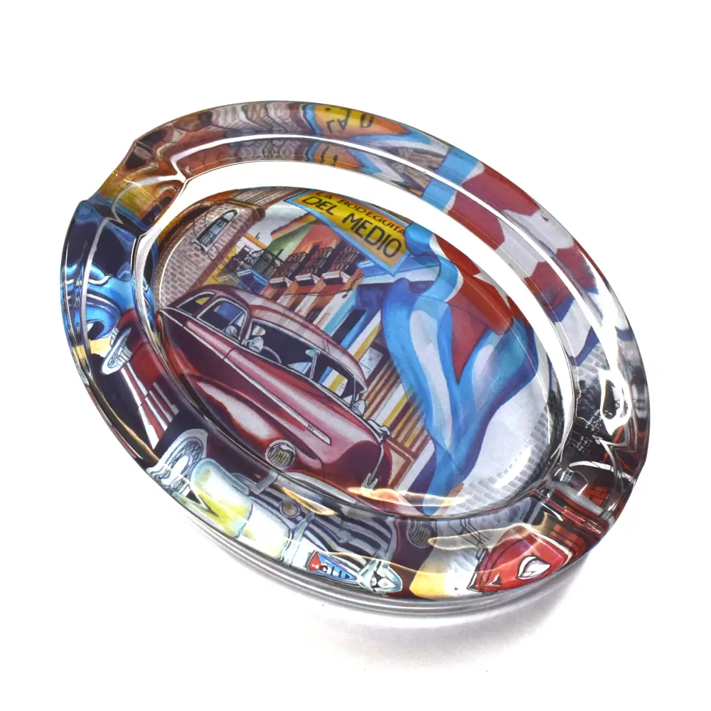 Ashtray - Glass Oval Cuba Car - 2 Cigars
