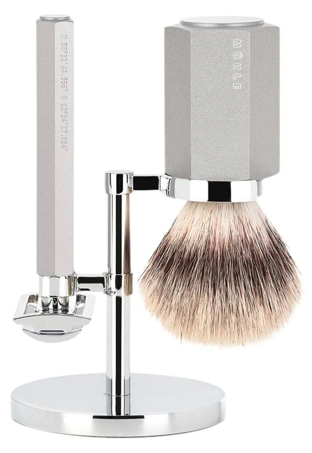 Shaving Accessories - Mühle Hexagon Set Of 3 Safety Razor, Brush Badger Hair & Holder - Silver Gray