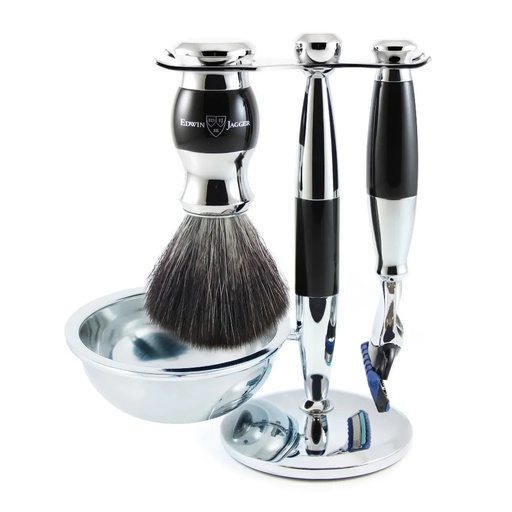 [12889] Shaving Accessories - Edwin Jagger 36 Range Set Of 4 Fusion Razor, Brush, Bowl & Holder Ebony/Chrome