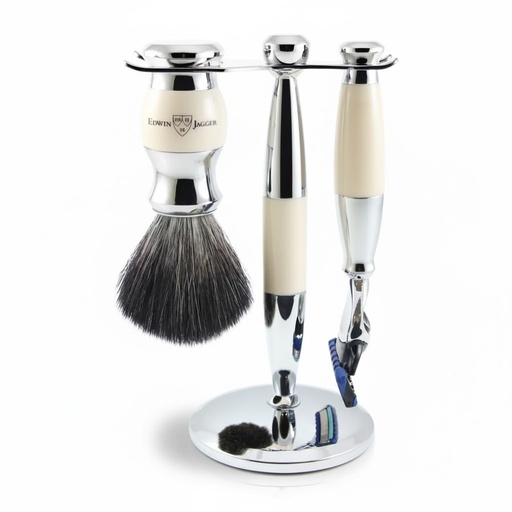 [13103] Shaving Accessories - Edwin Jagger 36 Range Set Of 3 Fusion Razor, Brush & Holder Ivory/Chrome