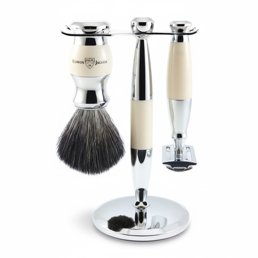 [13178] Shaving Accessories - Edwin Jagger 36 Range Set Of 3 Safety Razor, Brush & Holder Ivory/Chrome