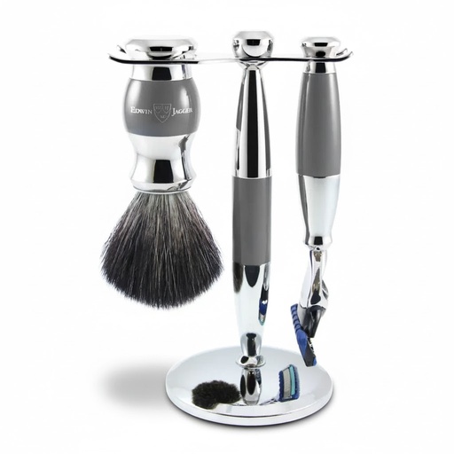 [13227] Shaving Accessories - Edwin Jagger 36 Range Set Of 3 Fusion Razor, Brush & Holder Grey/Chrome
