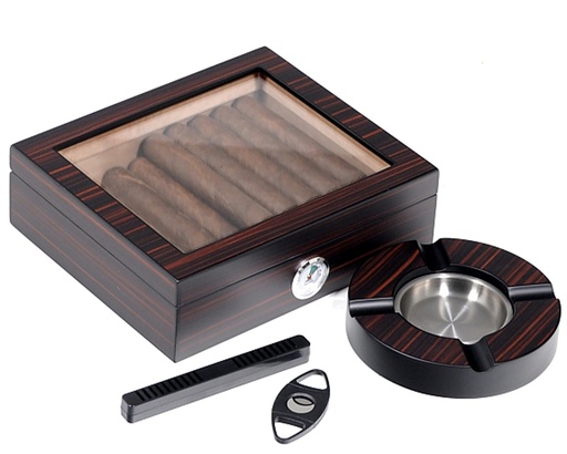 [17847] Humidor - Lubinski Ebony Glass Set + Ashtray & Cutter