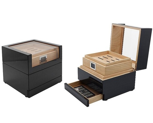 [18057] Humidor - Lubinski Carbon Glass - 50 Cigars